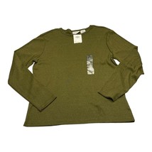 Basic Editions Pointelle Shirt Women XL Olive Green Cotton Crew Neck Long Sleeve - £12.36 GBP