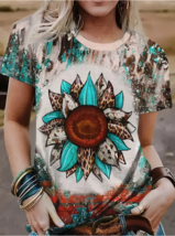 NEW! Trendy Sunflower Graphic Print Western Boho Style Women&#39;s T Shirt - £21.66 GBP