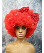 Red Mega Afro Clown Wig w/ Bow Big Super Frizzy Creepy Psycho Circus Hob... - $27.08 CAD