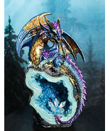 Metallic Blue Iridescent Dragon On Faux Geode Rock Quartz Crystal Cove F... - $33.99