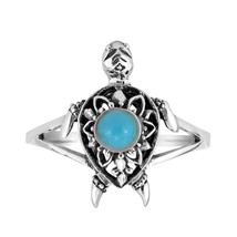 Mandala Ocean&#39;s Spirit Turtle Blue Turquoise Inlay Sterling Silver Ring-7 - £13.97 GBP