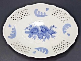 Home Interiors Footed Bowl With Lattice Blue Floral 12 1/2&quot; x 9&quot; x 3 1/2&quot; - $15.88