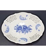 Home Interiors Footed Bowl With Lattice Blue Floral 12 1/2&quot; x 9&quot; x 3 1/2&quot; - £12.49 GBP