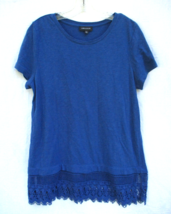 Lord &amp; Taylor Lace Hem Cotton T-Shirt Top Blue Womens Size Medium Made in INDIA - £14.88 GBP
