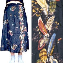 90s Medium Black Feather Print Boho Faux Wrap Midi Maxi Skirt Rayon USA - £29.71 GBP