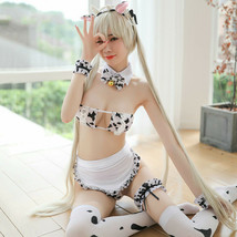 Women Kawaii Cow Print Bikini Sets Maid Outfit Sexy Lingerie Cosplay Bra Set - £10.59 GBP