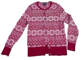 Lands&#39; End Womens Supima Cotton Cardigan Sweater Small 6-8 Red Nordic Fair Isle - £14.75 GBP