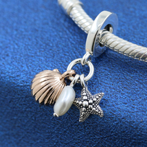 925 Sterling Silver Cultured Pearl, Starfish & Shell Triple Dangle Charm Bead - $18.88