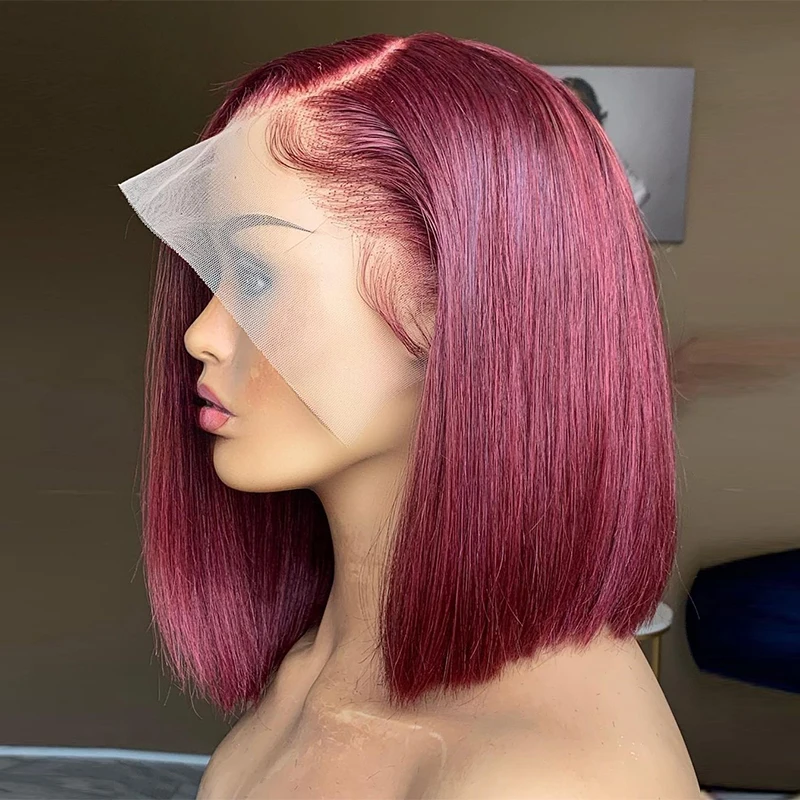 Burgundy HD Transparent Short Bob Human Hair Wigs Peruvian 99J Red Highlig - £40.41 GBP+