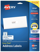 Avery 1&quot; x 2-5/8&quot; Address Labels Laser Inkjet 300 Labels 10 Sheets 5160 - $6.99