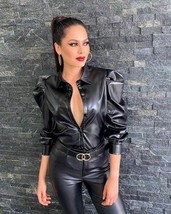 Genuine Stylish Casual Women  Formal Shirt Real Lambskin Leather Handmad... - $107.71