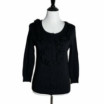 Linda Matthews Black Ruffle Cardigan Sweater 3/4 Sleeve Buttons Women Si... - $13.85