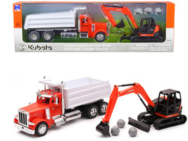 Peterbilt Dump Truck Orange and White and Kubota KX080-4 Excavator Orange and Bl - $62.01