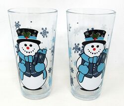 2 Snowman Beverage Glass Winter Snowflakes 14 oz 6 x 3in Glasses US Sell... - $14.78