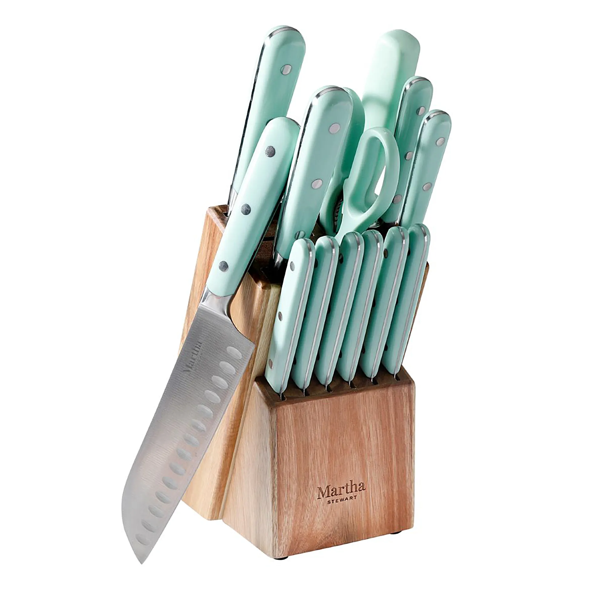  Martha Stewart Green Stainless Steel Cutlery Set w/Acacia Wood Block - ... - £77.11 GBP