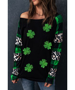 Green Sequin Clover Patch Graphic Plaid&amp;Leopard Sleeve Top - $269.93 MXN