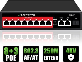 11 Port Ethernet Unmanaged PoE Switch 8 PoE Ports 100W 2 Gigabit Uplinks 1 1.25G - £66.88 GBP