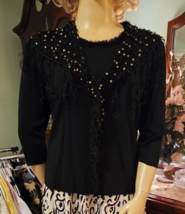 Unbranded Black Wood Beaded Fishnet Triangle Shawl Scarf with Fringe - £23.80 GBP