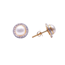 22ct Yellow Gold Elegant Freshwater Pearl &amp; Cubic Zirconia Pair of Stud ... - £261.31 GBP