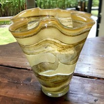 Handkerchief Vase Glass Art Vintage Gold Yellow Clear Bowl Ruffle Ruffled 10&quot; - £79.13 GBP