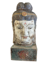 Monumental 19 3/4&quot; Tall Polychromed Carved Wood Guanyin Buddha Head Bust Statue - £1,168.57 GBP