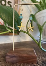 Glass &amp; Crystal Turquoise Beads Starfish Drop Dangle Earrings Gold Tone NEW - £21.11 GBP