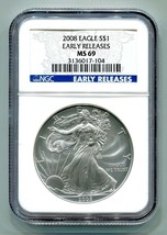 2008 American Silver Eagle Ngc MS69 Early Release Blue Label Premium Quality Pq - £40.88 GBP