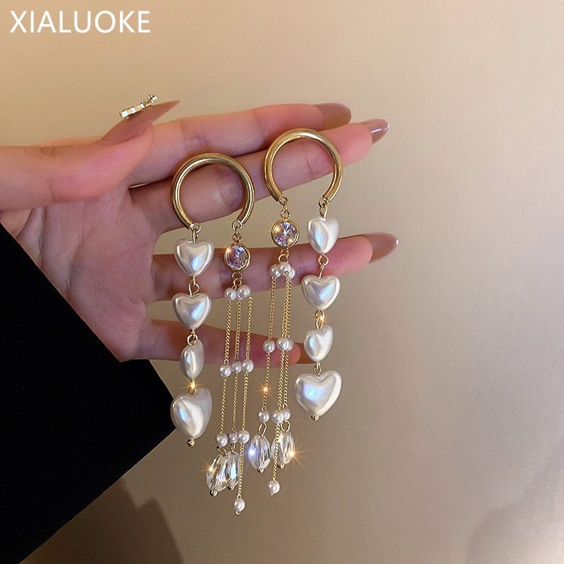 XIALUOKE New Design Long Tassel Crystal Drop Earrings Korean Style Heart  Dangle - £10.27 GBP