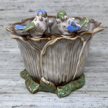 Drip Glaze Ceramic Planter Cache Pot W Two Birds Atop Cabbage Leaves Blue Green - £27.05 GBP