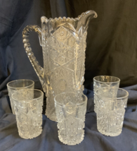 Vintage Imperial Daisy &amp; Button Clear Pressed Glass Water Pitcher &amp; 5 Glasses - £37.98 GBP