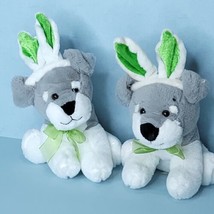 Easter Bunny Ears Plush Puppy Dog Grey Stuffed Animal 9&quot; Green Bow Lot Of 2 - £15.51 GBP