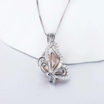 Dazzling 925 Sterling Silver Zircon Butterfly Pearl Cage Pendant Necklace - £27.64 GBP