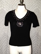 LouLou Women&#39;s Ribbed Top Heavy Stretch Black Size Medium Beaded T-Shirt  - $14.85
