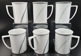 6 Studio Nova Ringside Black Mugs Set Gray Lines White Porcelain Coffee ... - $56.30