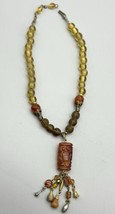 Vintage Beaded Carved Carnelian Agate Pendant Necklace Asian 16&quot; Yellow Amber - $18.49