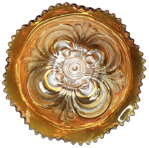 Vintage Imperial Glass Scroll Imbossed Amber Marigold Carnival Glass Bowl 7.5in - £31.69 GBP