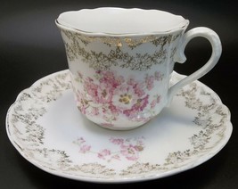 German Tea Cup Saucer Set Pink Victorian Flowers Gilded Porcelain - £17.40 GBP
