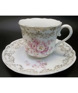 German Tea Cup Saucer Set Pink Victorian Flowers Gilded Porcelain - £17.05 GBP