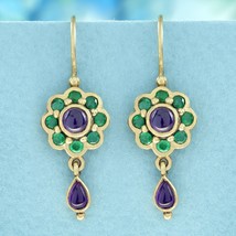 Natural Cabochon Amethyst and Emerald Floral Drop Earrings in 9K Yellow Gold - £639.48 GBP