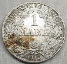 1910-A Germany 1 Mark .900 Fine Silver CH XF+ Coin AE51 - $22.19