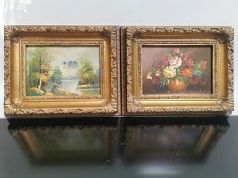 Pair of Vintage Original Oil on Board Painting Not Signed Gilded Wood Framed - £73.26 GBP