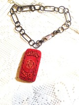 Hand Carved Vintage Genuine Red Cinnabar Charm Chain Bracelet - £67.16 GBP