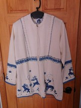 Storybook Knits Vintage Hsn White Zippered Cardigan Sweater 1X Reindeer Dance - £47.86 GBP