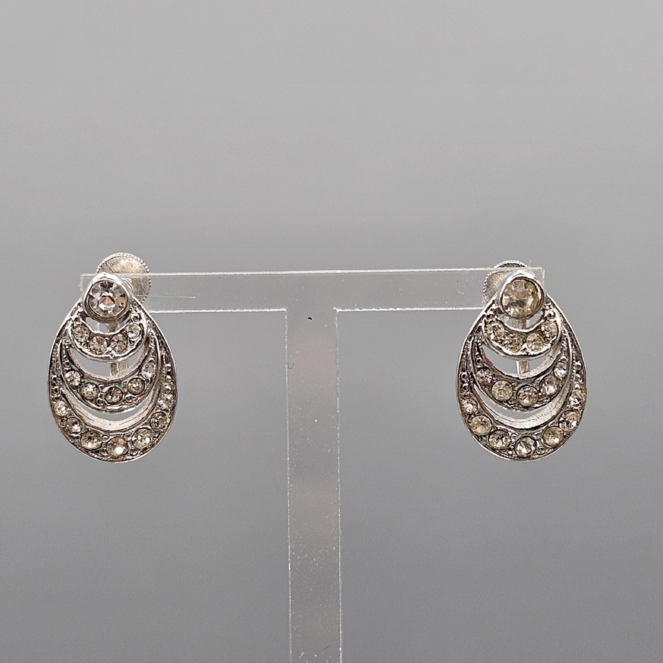 Vintage Rhinestone Teardrop Earrings Screw Back Silver Tone Estate MCM - $14.99