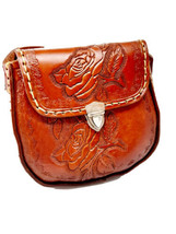 crossbody bag hand tooled floral design dark brown leather Mexico new S - £55.91 GBP