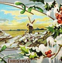Christmas Greetings 1910s Postcard Embossed Windmill Winter Unposted PCBG6B - $27.50