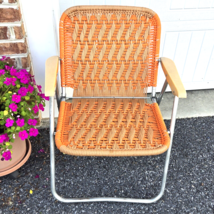 Folding Macrame Lawn Chair Orange Brown Aluminum Frame Camp Pool Patio Beach VTG - £27.94 GBP