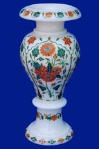 30.5cm Large White Marble Flower Vase, Mosaic Inlay, Hakik, Collectible,... - £470.43 GBP
