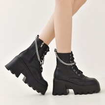 Sexy New Chain Women Leather Autumn Boots Block Heel Black Punk Style Platform S - £58.37 GBP