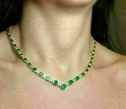 15Ct Round Cut Women Emerald &amp; Simulated Diamond Necklace 925 Silver Gold Plated - £204.34 GBP